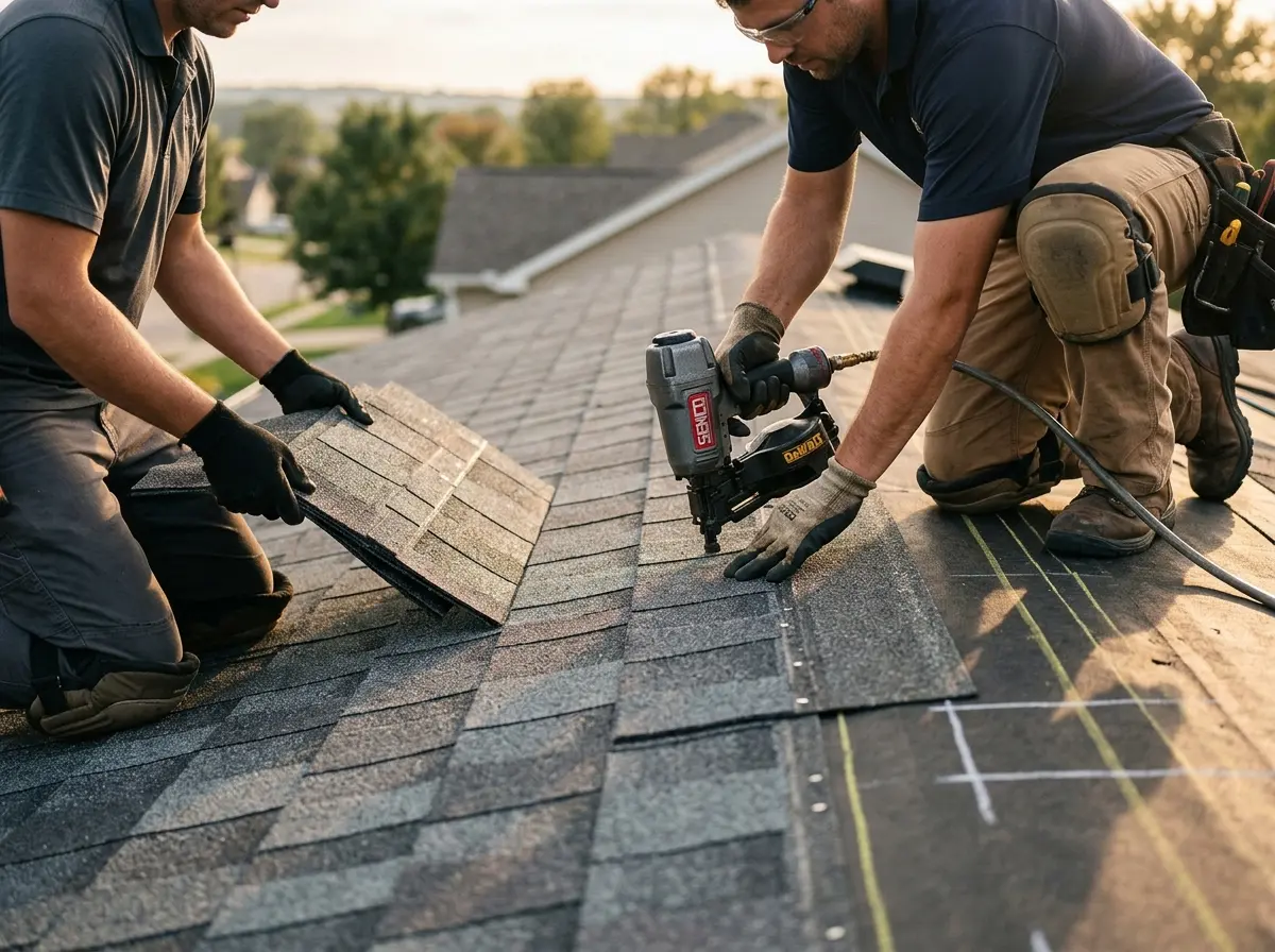 Professional roofer working on a residential roof in Crawfordsville